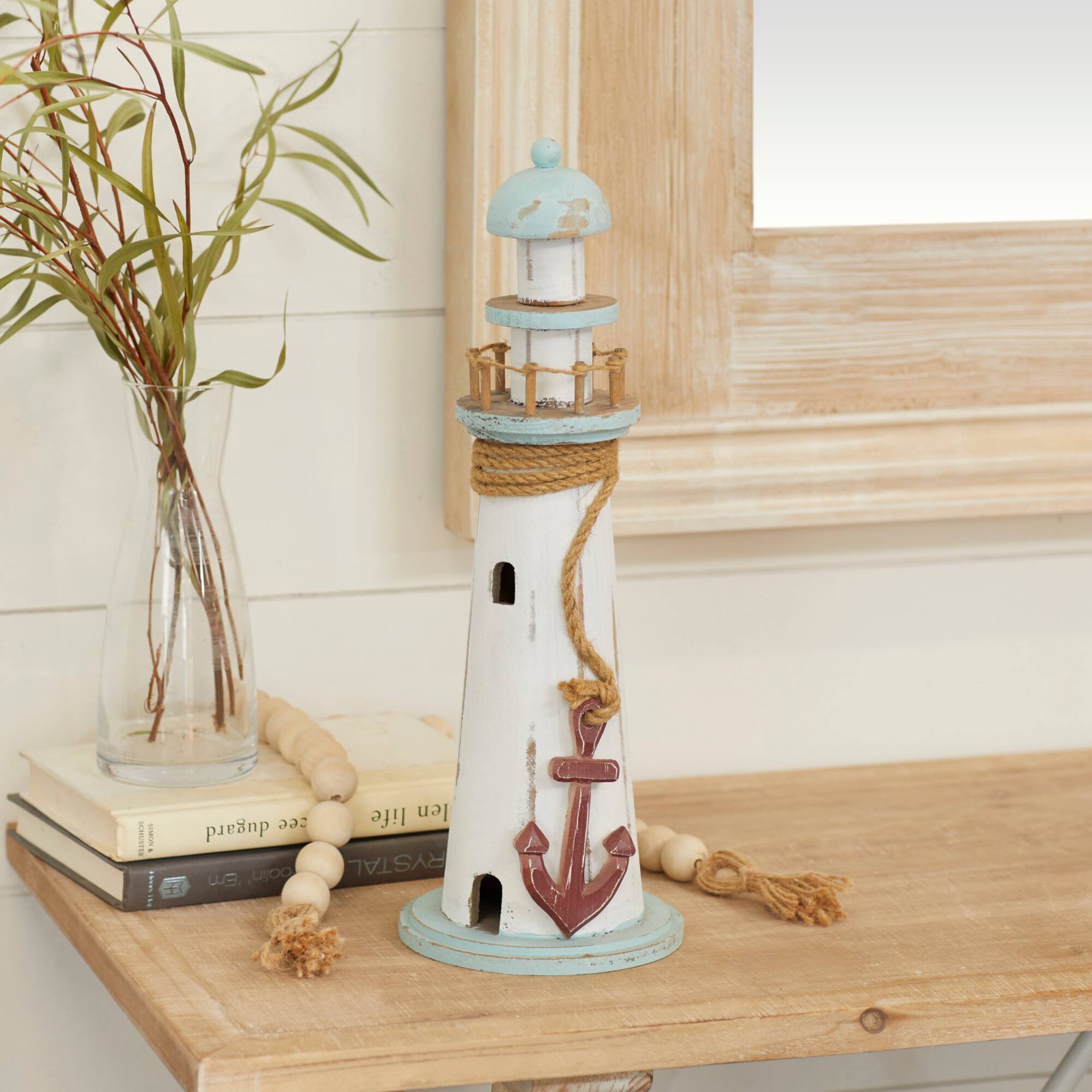 Coastal White Wooden Lighthouse Sculpture, 15" x 6" x 6"
